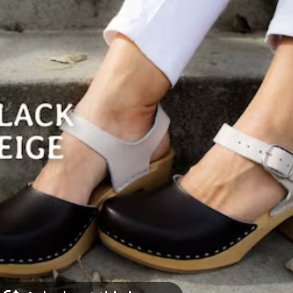 Black Leather Mary Jane Clogs with Gray Ankle Strap